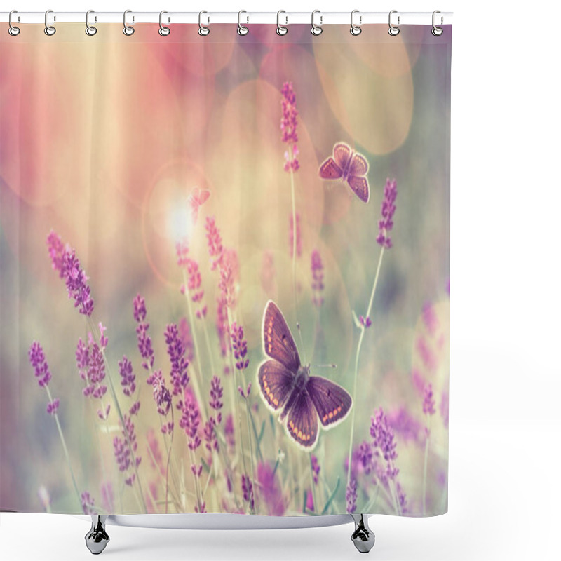 Personality  Butterfly Flying Over Lavender Flower Shower Curtains