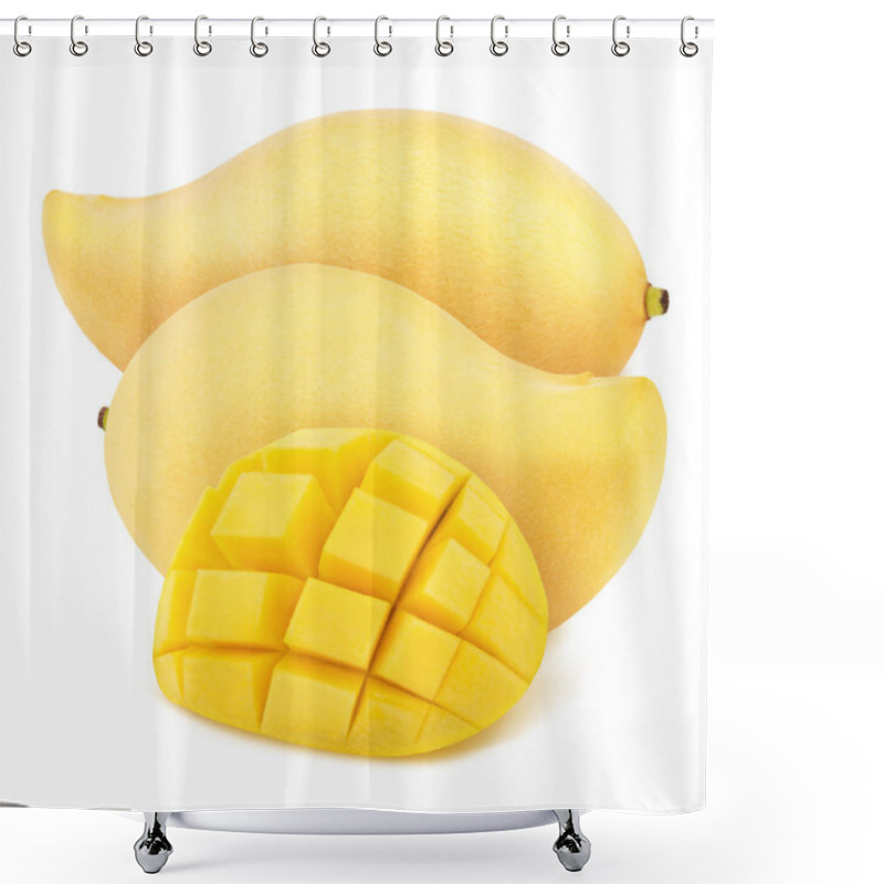 Personality  Composition With Whole And Curved Thai Mangoes Isolated On White Background. As Design Element. Shower Curtains