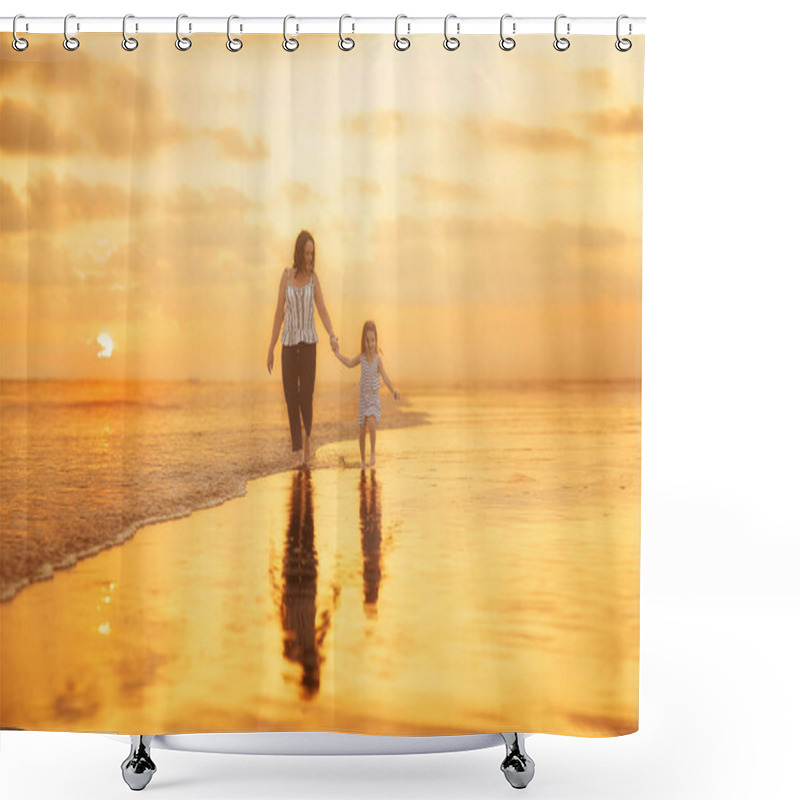 Personality  Full Length Shot Of Mother And Daughter Walking On The Beach Together At The Sunset  Shower Curtains