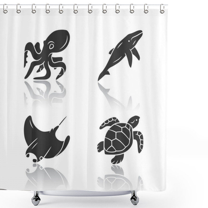 Personality  Underwater World Drop Shadow Black Glyph Icons Set. Swimming Octopus, Squid, Turtle, Whale. Ocean Animals, Undersea Wildlife. Marine Fauna. Aquatic Creatures. Isolated Vector Illustrations Shower Curtains