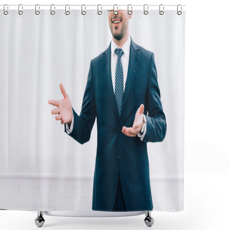 Personality  Cropped Image Of Smiling Speaker Talking And Gesturing During Seminar In Conference Hall Shower Curtains