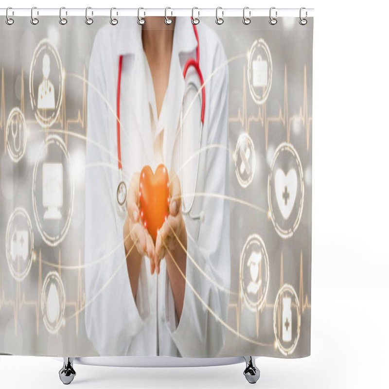 Personality  Medical Healthcare Concept - Doctor In Hospital With Digital Medical Icons Graphic Banner Showing Symbol Of Medicine, Medical Care People, Emergency Service Network, Doctor Data Of Patient Health. Shower Curtains