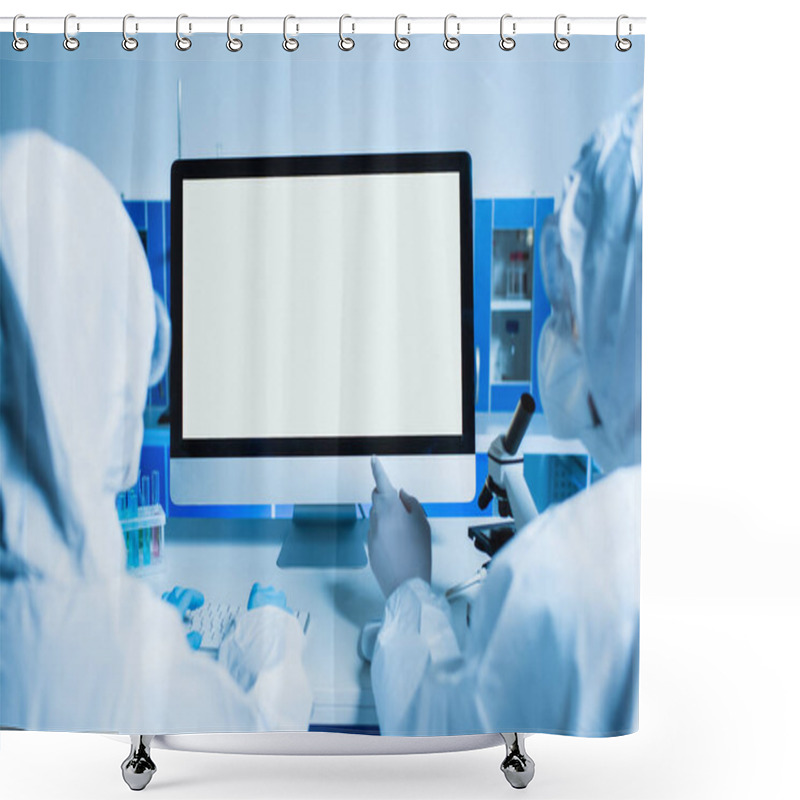 Personality  Back View Of Scientist Pointing At Monitor With White Screen Near Colleague In Lab Shower Curtains