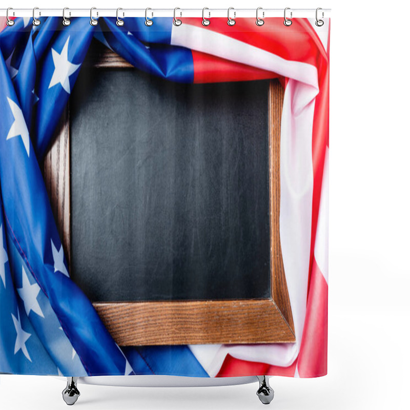 Personality  Top View Of Blank Chalkboard Near Flag Of American With Stars And Stipes  Shower Curtains