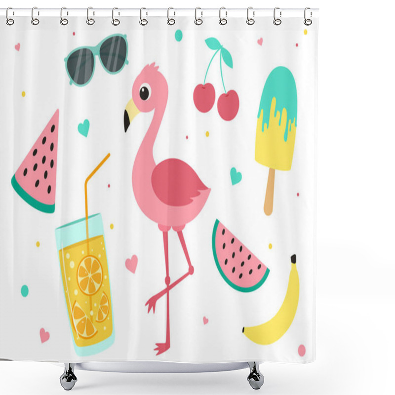 Personality  Set Of Cute Summer Elements. Vector Illustration Isolated On White Background. Collection Of Cartoon Items. Shower Curtains