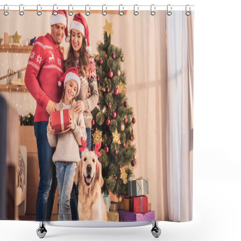 Personality  Smiling Family In Santa Hats With Dog In Deer Horns Standing Near Christmas Tree With Gift Boxes Shower Curtains