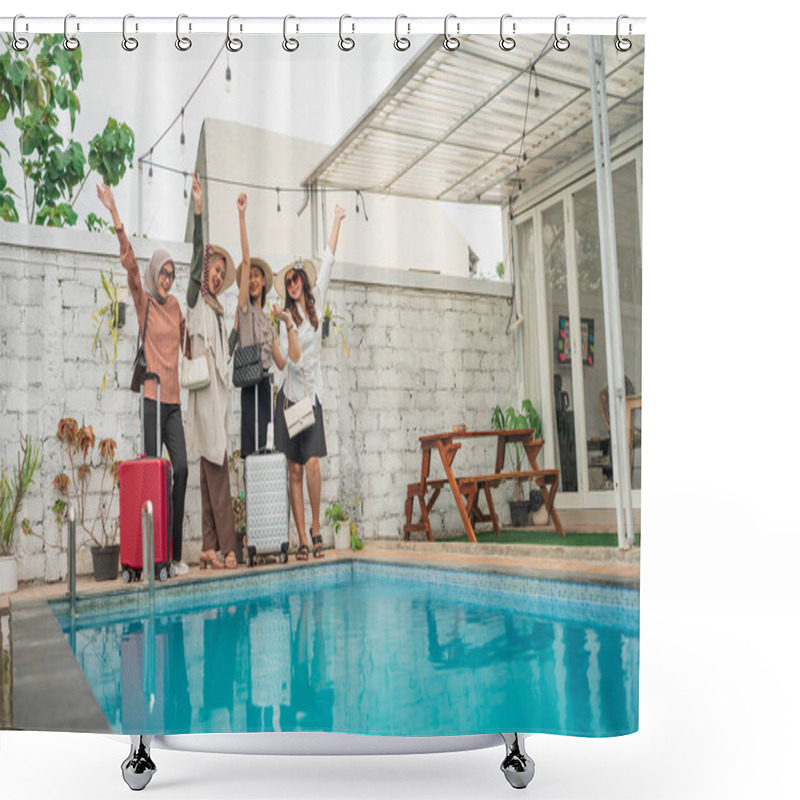 Personality  A Group Of Friends Is Cheerfully Enjoying Their Vacations Together While Gathering By The Pool Shower Curtains