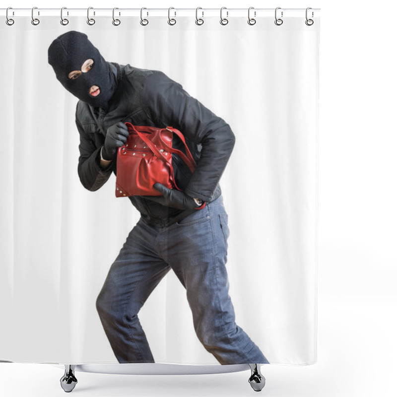 Personality  Thief Is Running With Stolen Red Handbag. Isolated On White Background. Shower Curtains