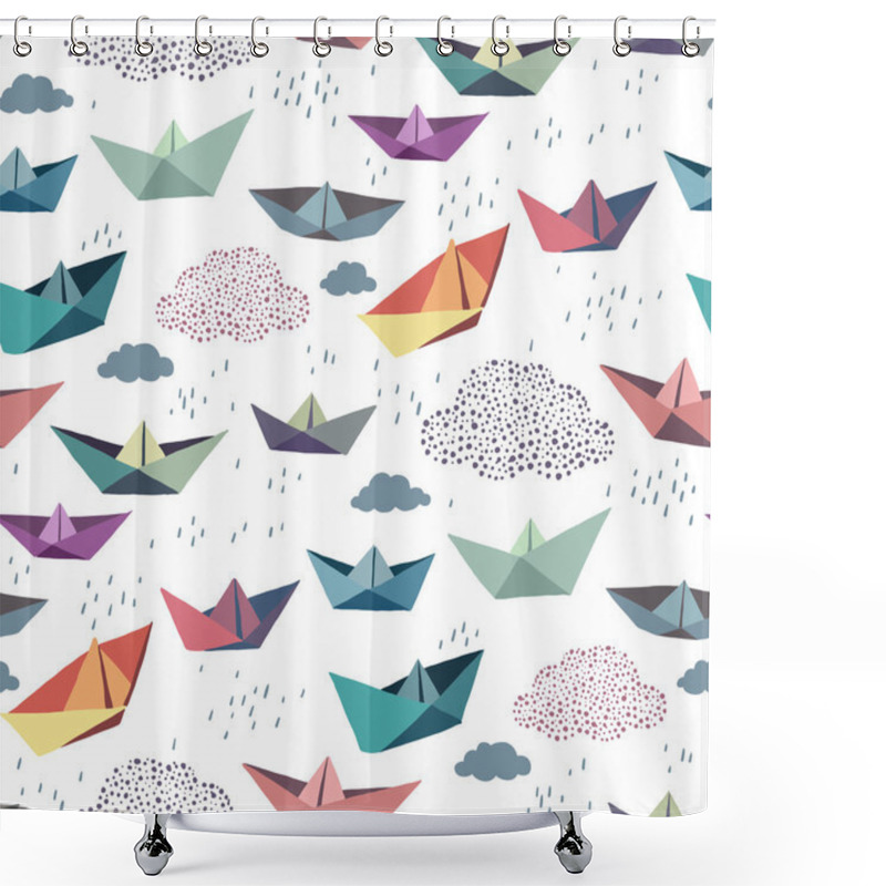 Personality  Seamless Pattern With Colour Paper Ships And Clouds Shower Curtains