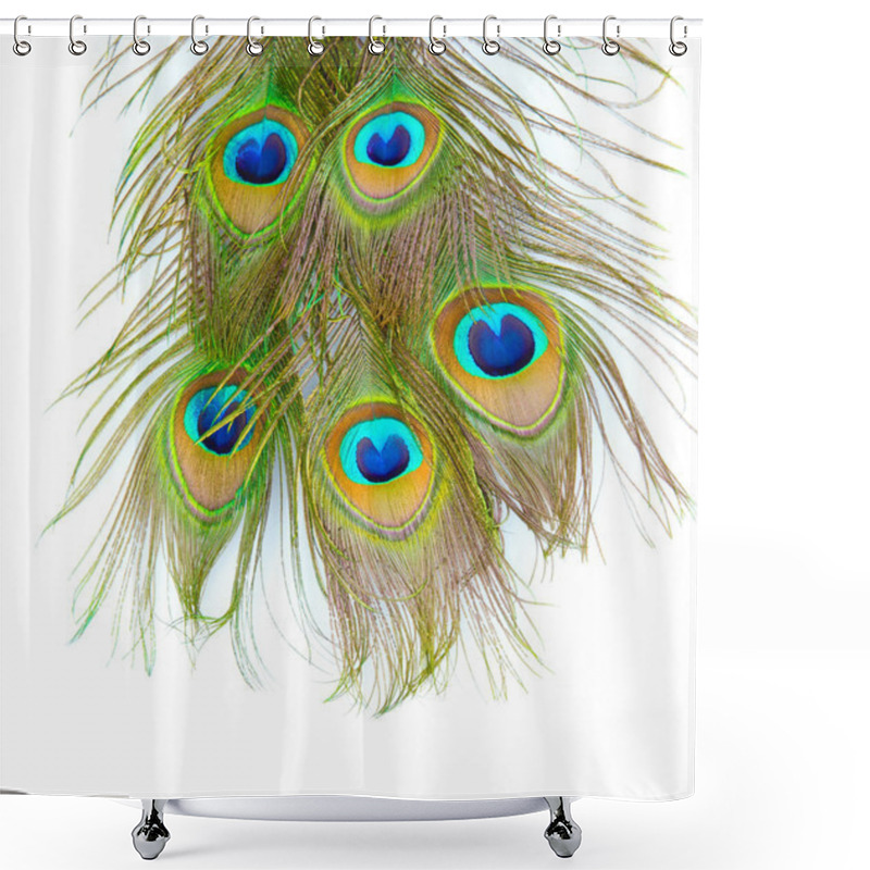 Personality  Peacock Feathers On White Background Close-up Shower Curtains