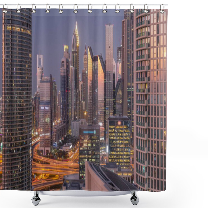 Personality  Dubai International Financial Centre District With Modern Skyscrapers Day To Night Timelapse Shower Curtains