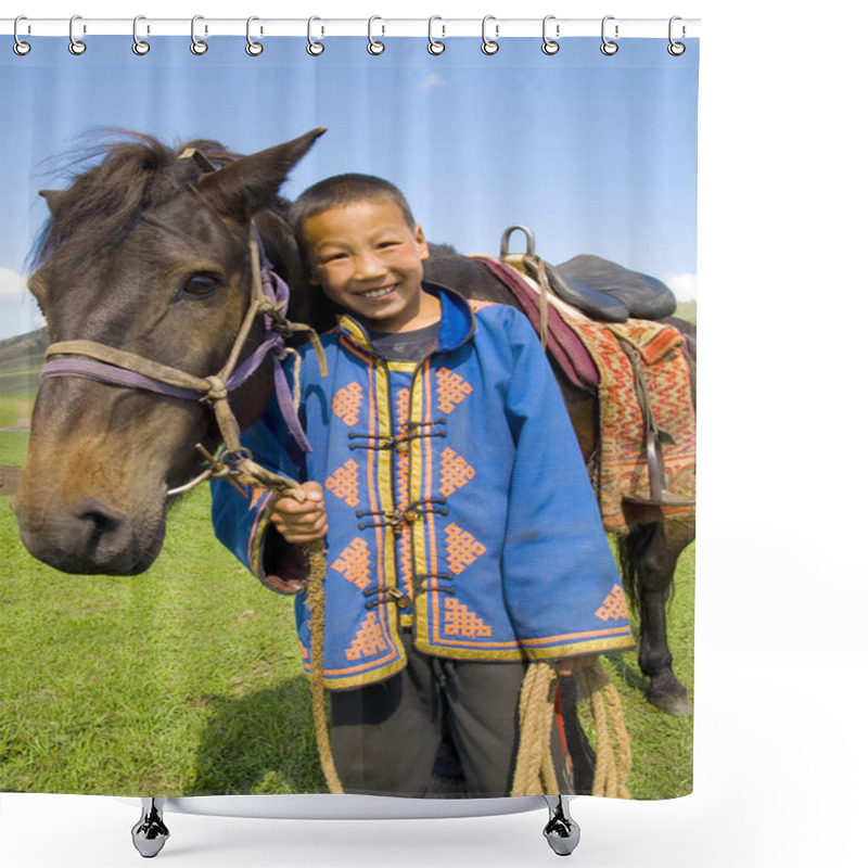 Personality  Boy Tilting Head To His Horse Shower Curtains