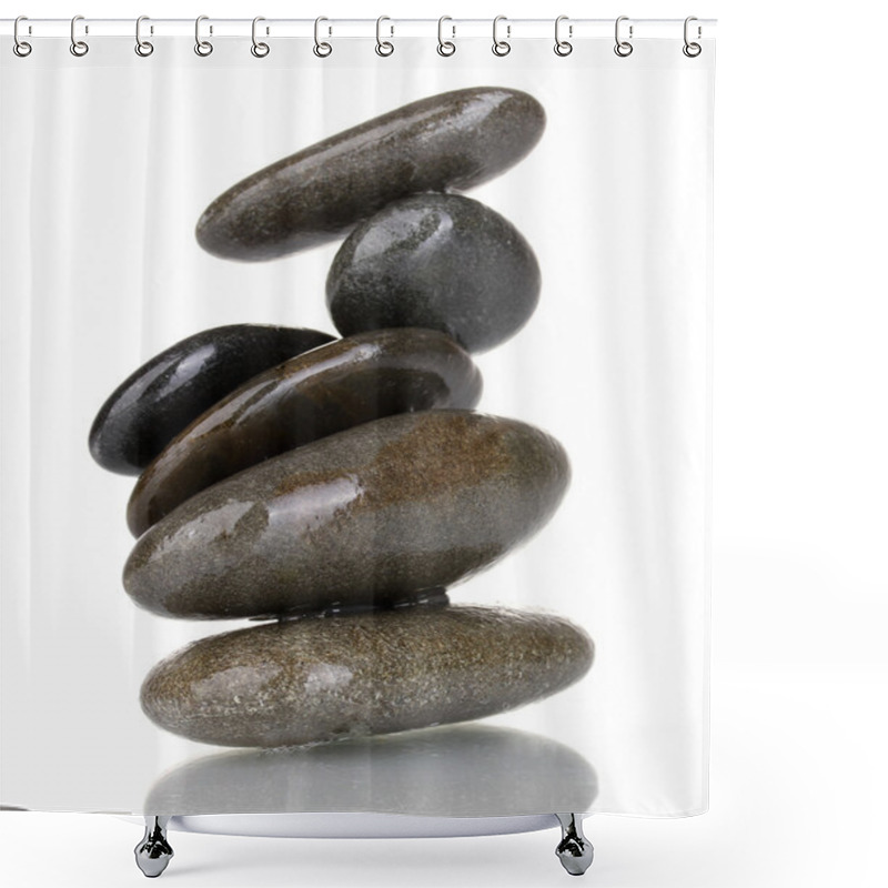 Personality  Stack Of Balanced Stones Isolated On White Shower Curtains