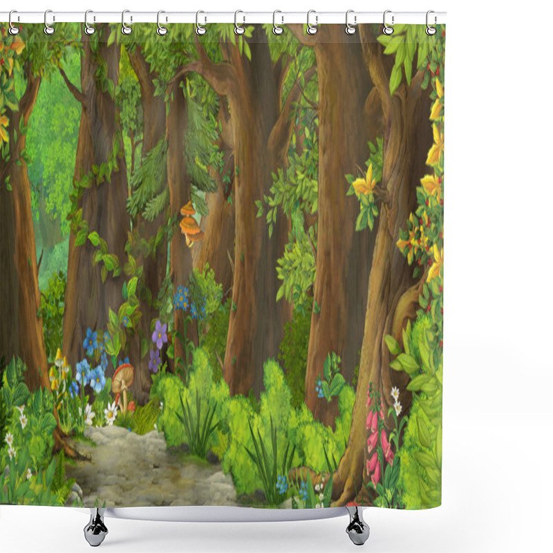 Personality  Cartoon Summer Scene With Meadow In The Forest Illustration For Children Shower Curtains