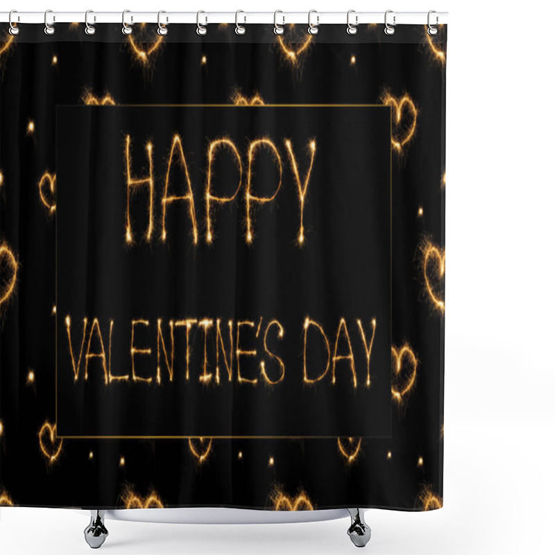 Personality  Close Up View Of Happy Valentines Day Light Lettering And Hearts On Black Background, St Valentines Day Concept Shower Curtains