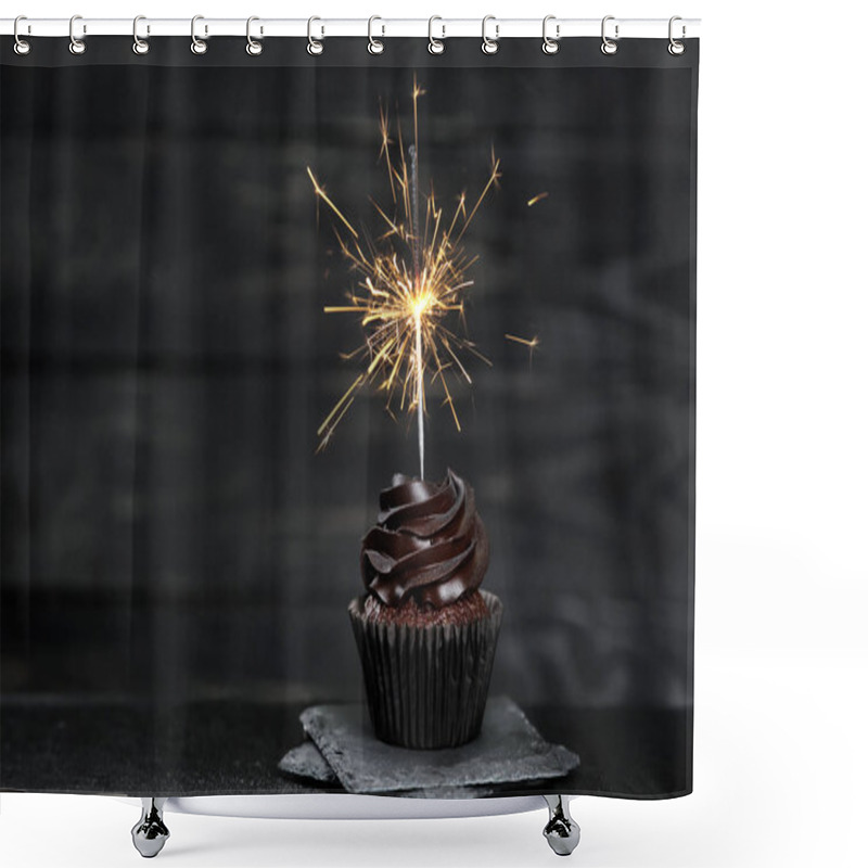 Personality  Delicious Birthday Cupcake With Sparkler On Dark Table Shower Curtains