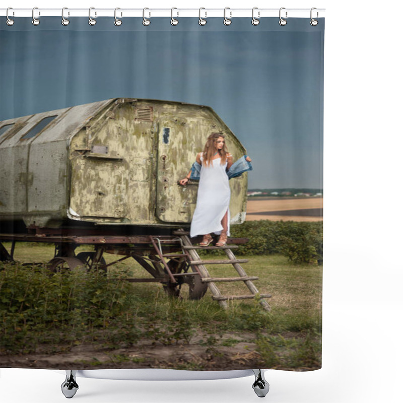 Personality  Young And Beautiful Hippie Girl Near Trailer Shower Curtains