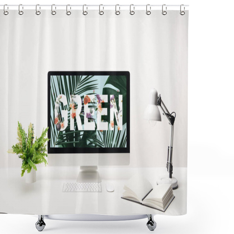 Personality  Computer With Green Lettering And Tropical Leaves On Monitor On Desk On White Background Shower Curtains