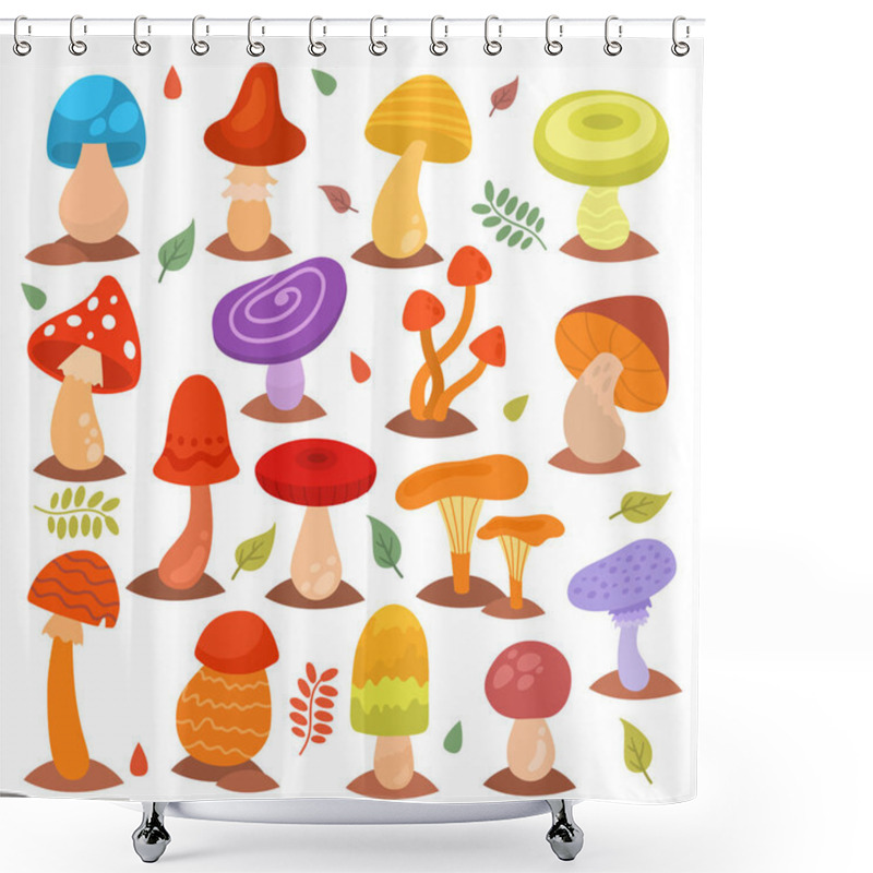 Personality  Different Cartoon Mushrooms Isolated On White Nature Food Design Collection Fungus Plant Vector Illustration Shower Curtains