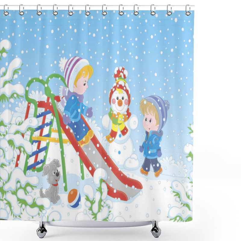 Personality  Kids Playing On A Toy Slide On A Snow-covered Playground In A Winter Park, Vector Illustration In A Cartoon Style Shower Curtains