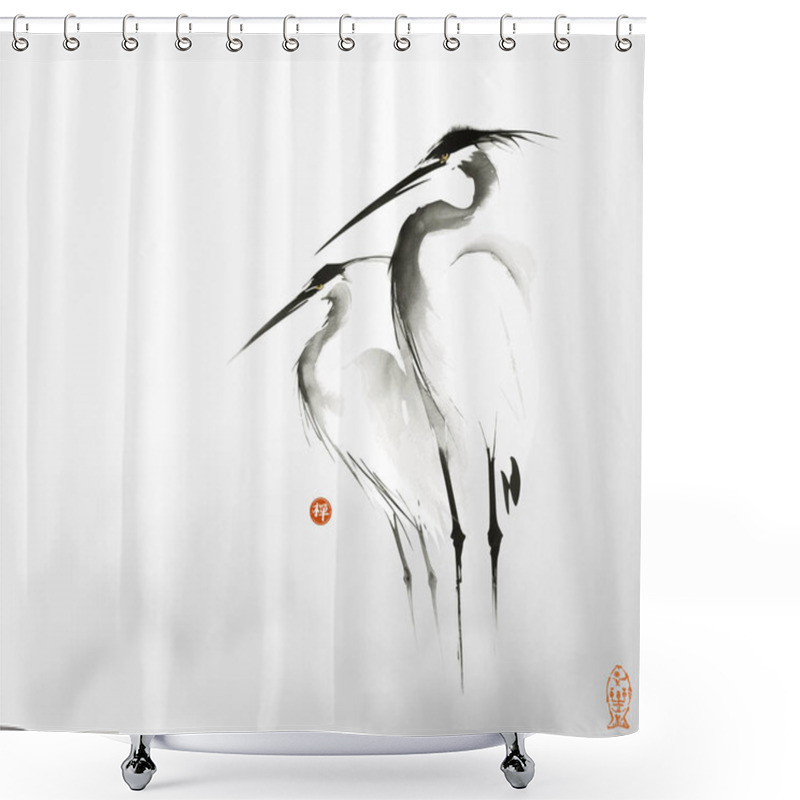 Personality  Simple Minimalist Ink Wash Painting Of Of Two Herons In The Mist. Traditional Oriental Ink Painting Sumi-e, U-sin, Go-hua. Translation Of Hieroglyph - Zen. Shower Curtains