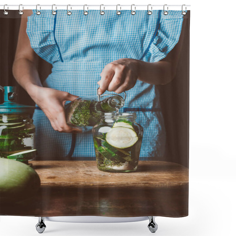 Personality  Cropped Image Of Woman Preparing Preserved Zucchini And Pouring Water Into Jar At Kitchen Shower Curtains