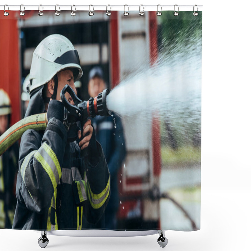 Personality  Selective Focus Of Firefighter With Water Hose Extinguishing Fire On Street Shower Curtains