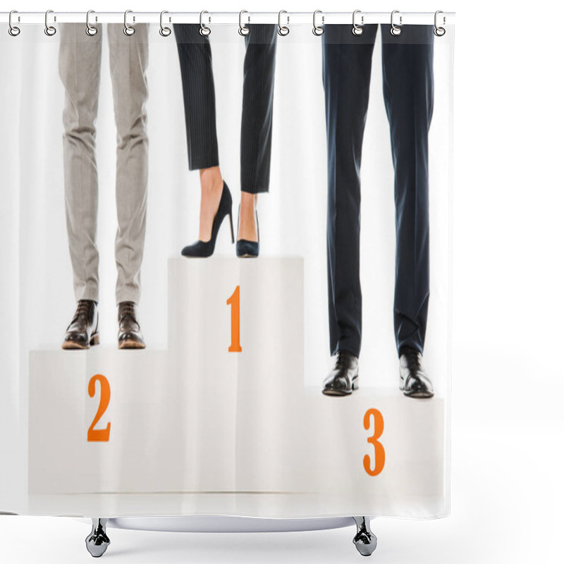 Personality  Low Section Of Businesspeople Standing On Winners Podium Isolated On White Shower Curtains