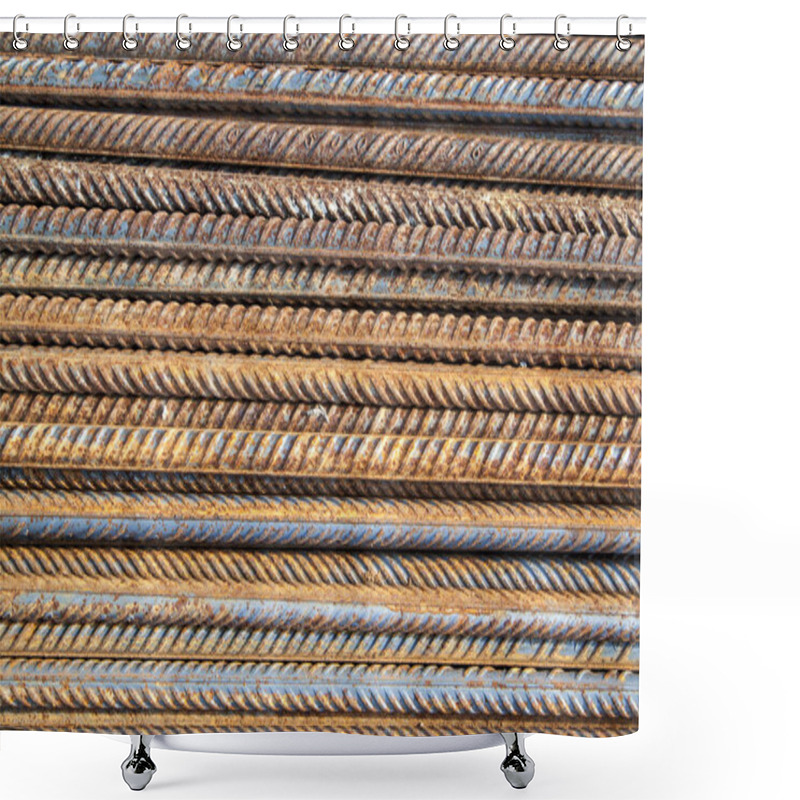 Personality  Top View Of The Reinforcing Steel Bar Stack Close-up, Rebar For Concrete Construction Works Piled On Top Of Each Other Shower Curtains