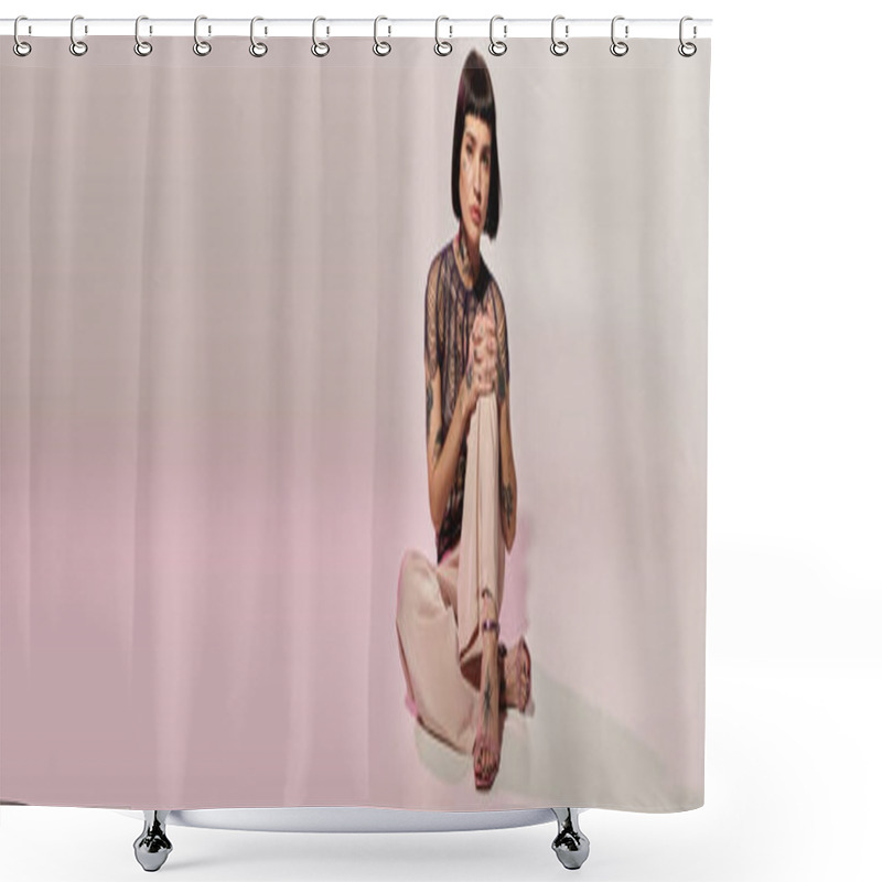 Personality  A Stylish Young Woman Sits Elegantly, Combining Fashion And Art Through Her Tattoos. Shower Curtains