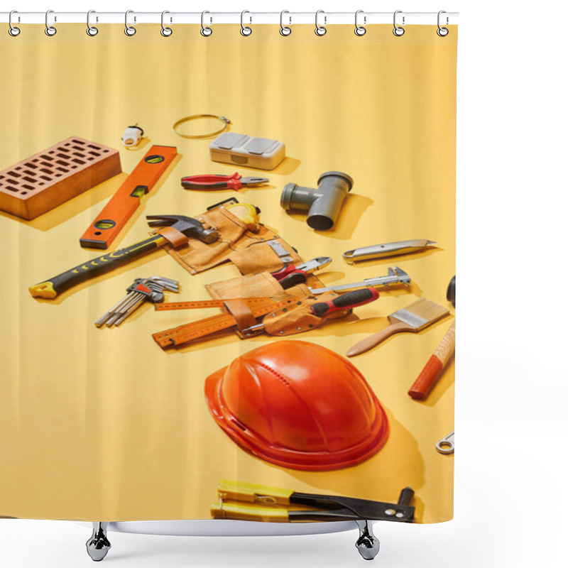 Personality  High Angle View Of Tool Belt, Industrial Tools, Brick And Helmet On Yellow Background Shower Curtains