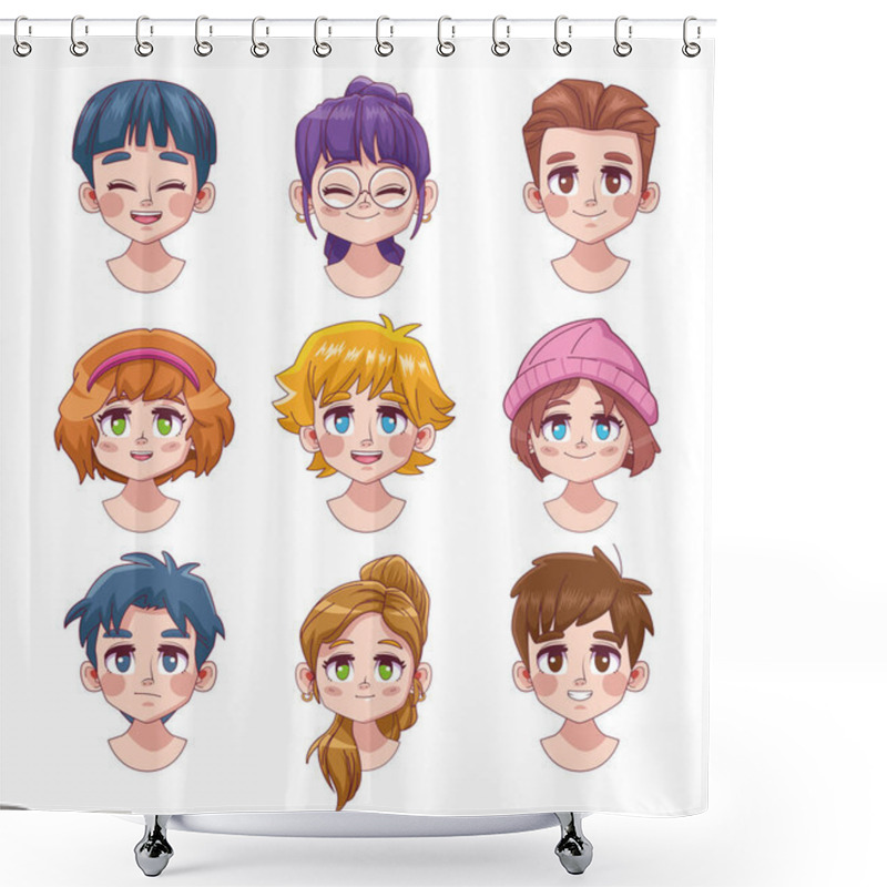 Personality  Group Of Nine Cute Youngs Teenagers Manga Anime Characters Shower Curtains