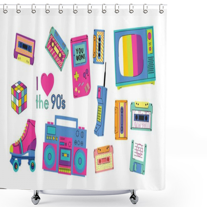 Personality  Set Of The Patch Badges With Tape Recorder, Cassette, Rolls, Glasses And Sheet Music. Pop Art Design Elements On A White Background Shower Curtains