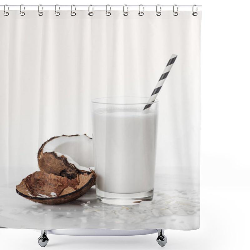 Personality  Coconut Vegan Milk In Glass With Straw Isolated On White Shower Curtains