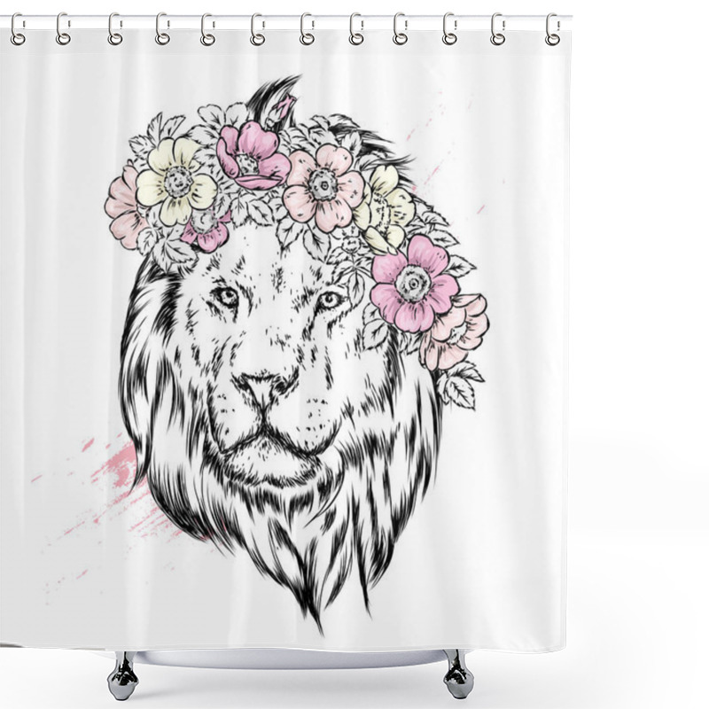 Personality  A Beautiful Lion In A Wreath Of Wild Rose. Vector Illustration For Postcard Or Poster, Print For Clothes. Spring And Summer, A Bouquet Of Flowers. Vintage And Retro. Hipster. Leo. Shower Curtains