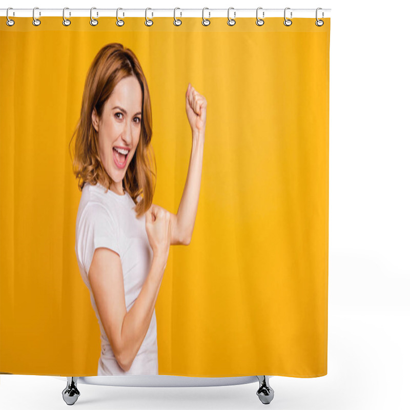 Personality  Portrait Of Nice Charming Lovely Youngster People Shout Yeah Fan Have Fortune Luck Celebrate Content Delighted Raise Fists Arms Hands Dressed Modern Denim Jeans Clothing Isolated Yellow Background Shower Curtains