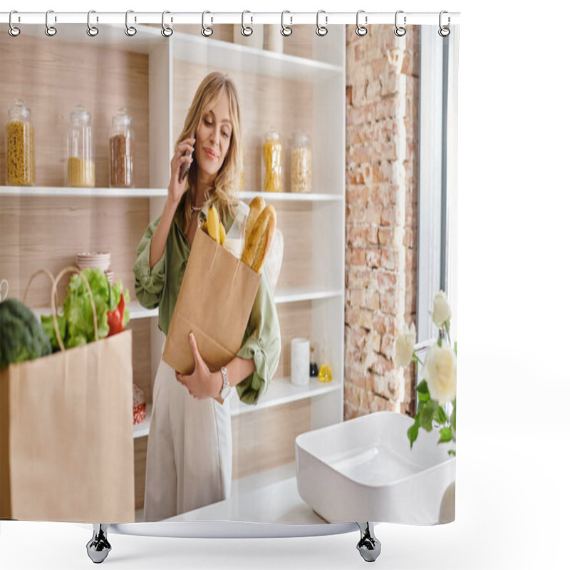 Personality  A Woman Standing In A Kitchen Holding A Bag Of Bread. Shower Curtains