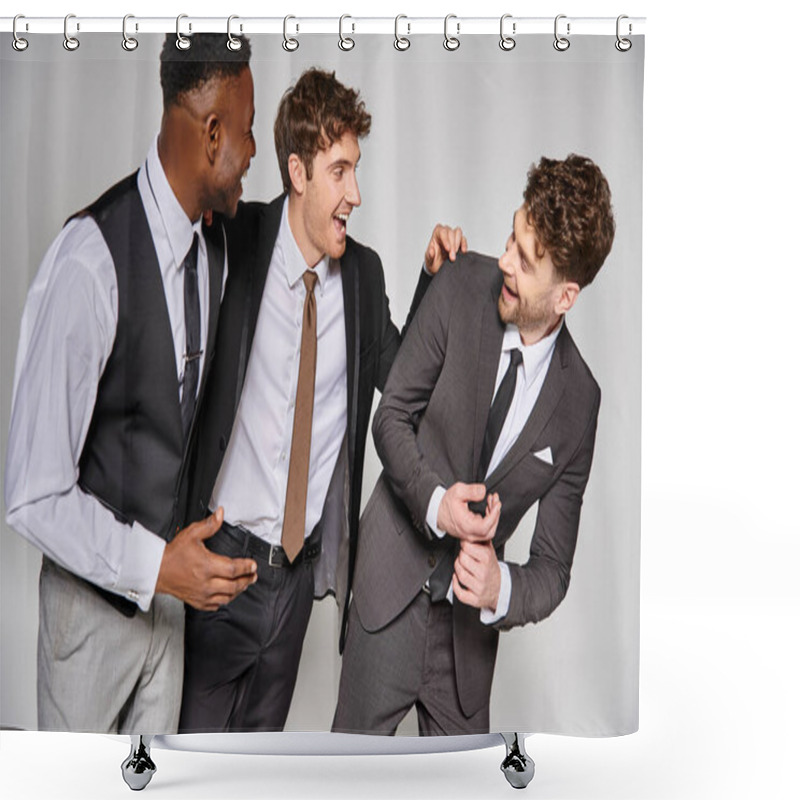 Personality  Attractive Jolly Diverse Friends In Business Casual Outfits Smiling Happily On Gray Backdrop Shower Curtains