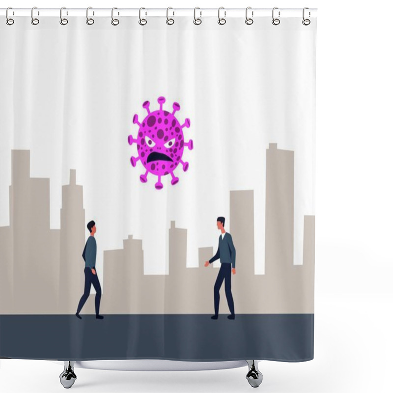 Personality  Illustration Of Two People Walking In A City With A Giant Angry Pink Virus Floating Above, Symbolizing A Health Threat Or Pandemic Danger. Ideal For Awareness Concepts Shower Curtains