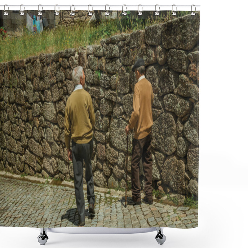 Personality  Old People Walking Down The Alley On Slope Next To Stone Wall Shower Curtains