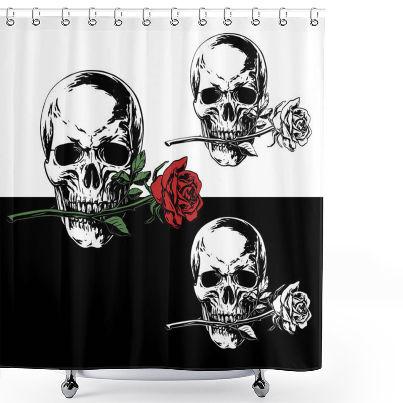 Personality  Realistic Black And White Vector Illustration Of A Skull With A Rose In His Teeth Isolated On Black And White Background Shower Curtains