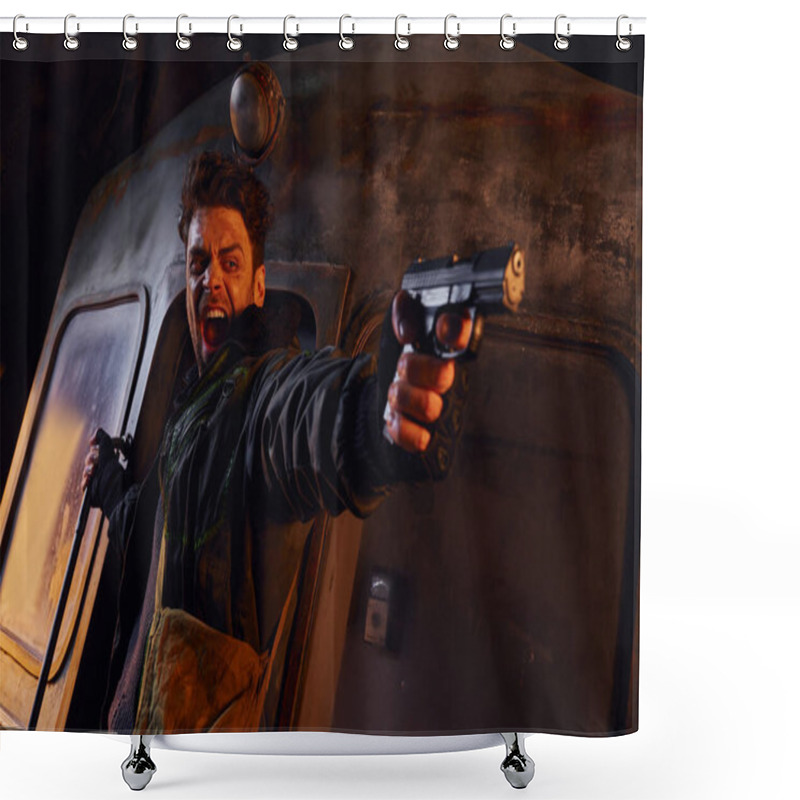 Personality  Screaming Man With Gun Shooting In Darkness Of Abandoned Post-apocalyptic Subway, Danger And Despair Shower Curtains