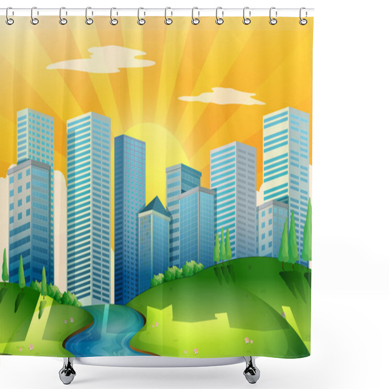 Personality  A River Near The Tall Buildings Shower Curtains