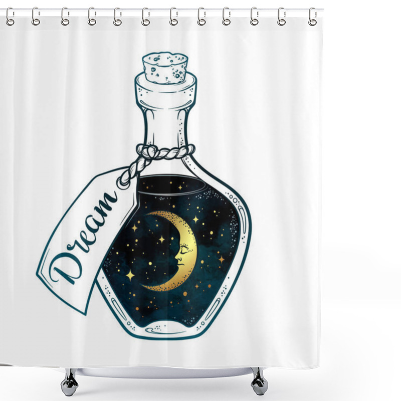 Personality  Hand Drawn Dream In Bottle Or Wish Jar With Crescent Moon And Stars Isolated. Sticker, Print Or Tattoo Design Vector Illustration Shower Curtains