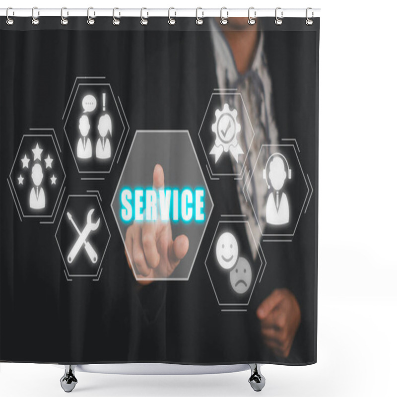 Personality  Service Concept, Business Woman Hand Touching Service Icon On Virtual Screen. Shower Curtains