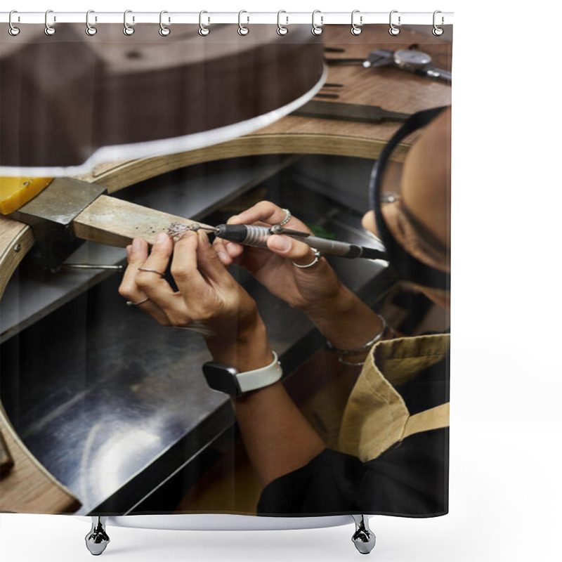 Personality  A Skilled Artisan Delicately Shapes Beautiful Jewels In A Cozy Workshop Filled With Tools. Shower Curtains