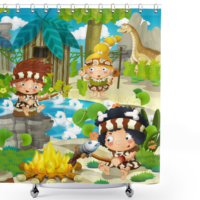 Personality  The Cavemen - Stone Age Family - Happy Illustration For Children Shower Curtains