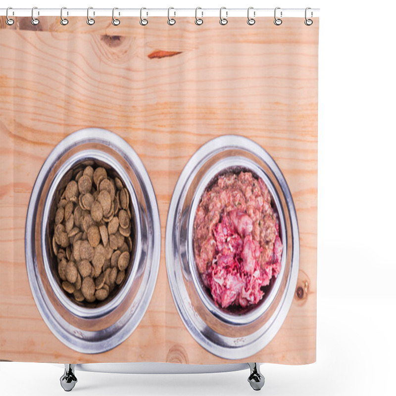 Personality  Choice Of Raw Meat Or Kibbles Dog Food In Bowl Shower Curtains