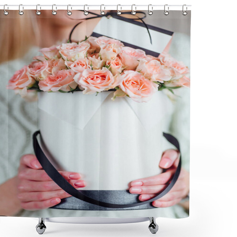 Personality   Girl Holding Bouquet With Card Delivery  Shower Curtains