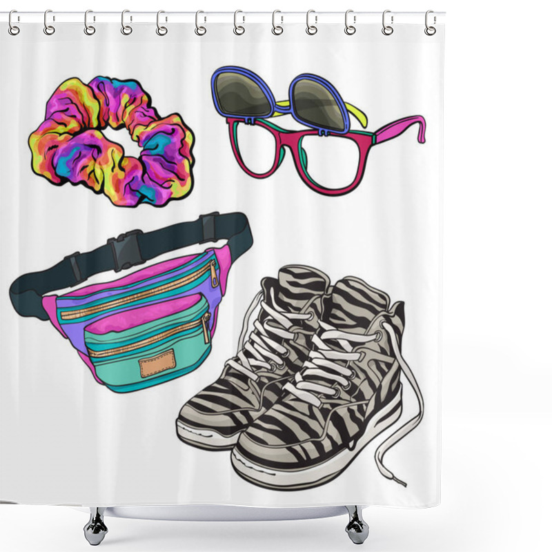 Personality  Set Of Retro Pop Culture Items From 90s Shower Curtains